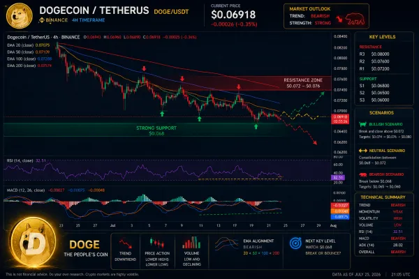 Dogecoin price prediction chart showing 4-hour, daily, weekly, and monthly technical analysis with support and resistance levels.